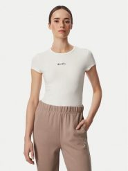Guess T-Shirt V6YI01 K4258 Kremowy Slim Fit. Białe t-shirty Guess, xl, z aplikacjami, z bawełny, bez kołnierzyka, bez ramiączek. Za 154.99 zł.