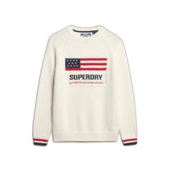 Damski sweter z okrągłym dekoltem Superdry Americana. Białe swetry Superdry, na zimę, bez wzorów, eleganckie, bez ramiączek. Za 353.95 zł.