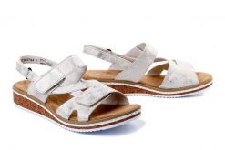 RIEKER V3666-60 beige combination, sandały damskie. Brązowe sandały Rieker, bez wzorów, bez obcasa, na koturnie, bez zapięcia. Za 299.90 zł.