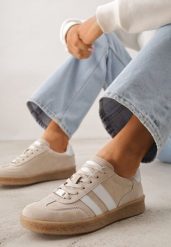 Beżowe Skórzane Sneakersy Typu Tenisówki Ozdobione Paskami Brethanthei. Brązowe trampki Renee, bez wzorów, z dresówki, bez zapięcia, tenisowe. Za 179.99 zł.
