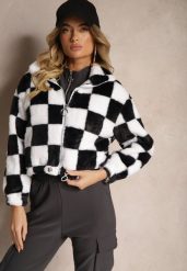 Czarno-Biała Kurtka z Futerka Zasuwana z Kołnierzykiem w Kratkę Vitista. Czarne kurtki Renee, l, bez wzorów, z jeansu, eleganckie, bez kaptura. Za 84.99 zł.