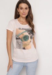 Jasnoróżowy Bawełniany T-shirt z Prostokątnym Nadrukiem i Brokatem Silpa. Czerwone t-shirty Born2be, l, bez wzorów, z bawełny, bez kołnierzyka, bez ramiączek. Za 69.99 zł.
