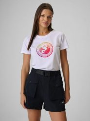 4F T-shirt regular z nadrukiem damski - biały L. Białe t-shirty 4f, l, bez wzorów, z bawełny, klasyczne, bez kołnierzyka, bez ramiączek. Za 59.99 zł.