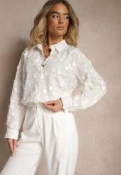 Biała Koszula z Bawełną w Kwiaty Edithira. Białe koszule Renee, l, bez wzorów, z bawełny, eleganckie, bez kołnierzyka, bez ramiączek. W wyprzedaży za 76.99 zł.