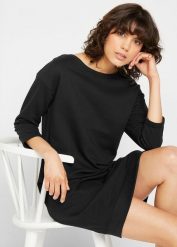 Sukienka dresowa, rękawy 3/4, szczotkowana w środku. Czarne sukienki bonprix, bez wzorów, z dresówki, bez kołnierzyka, bez ramiączek. Za 82.99 zł.