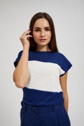 Bluzka w szerokie paski granatowa. Bluzki MOODO, xs, bez wzorów, bez kołnierzyka, bez ramiączek. W wyprzedaży za 29.99 zł.