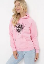 Różowa Bluza z Kapturem i Nadrukiem oraz Ściągaczami Sitta. Czerwone bluzy Born2be, m, bez wzorów, casualowe, bez ramiączek, z kapturem. W wyprzedaży za 76.49 zł.