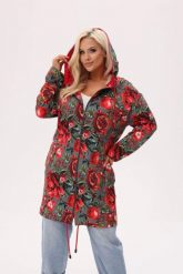 Bluza z kapturem Granada - print w owoce granatu i kwiaty piwonii PLUS SIZE XXL OVERSIZE. Czerwone bluzy Moda Size Plus Iwanek, na jesień, plus size, z aplikacjami, z bawełny, boho, bez ramiączek, z kapturem. Za 329.90 zł.