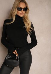 Czarny Golf Sweter o Dopasowanym Kroju z Kaszmirem Zairith. Czarne swetry Renee, z aplikacjami, z jeansu, biznesowe, bez ramiączek. Za 79.99 zł.
