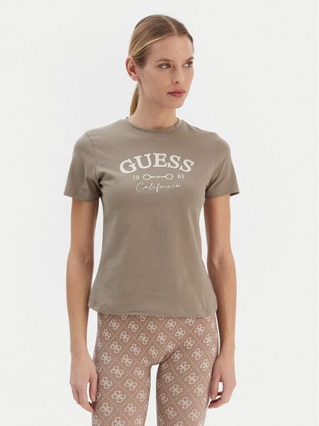 Guess T-Shirt V6RI02 J1314 Beżowy Regular Fit. Brązowe t-shirty Guess, m, z aplikacjami, z bawełny, bez kołnierzyka, bez ramiączek. Za 159.99 zł.