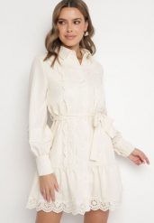 Jasnobeżowa Koszulowa Sukienka z Wiskozy z Bawełną Koronką i Paskiem Lilresia. Brązowe sukienki Born2be, na co dzień, m, bez wzorów, z bawełny, eleganckie, bez kołnierzyka, bez ramiączek, mini, koszulowe. W wyprzedaży za 110.49 zł.