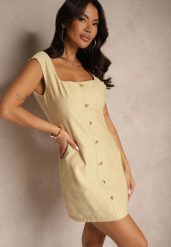 Beżowa Taliowana Sukienka z Wiskozy i Domieszką Lnu Ozdobiona Guzikami Nolzemira. Brązowe sukienki Renee, na co dzień, l, bez wzorów, z jeansu, eleganckie, bez kołnierzyka, bez ramiączek, mini, dopasowane. W wyprzedaży za 111.99 zł.