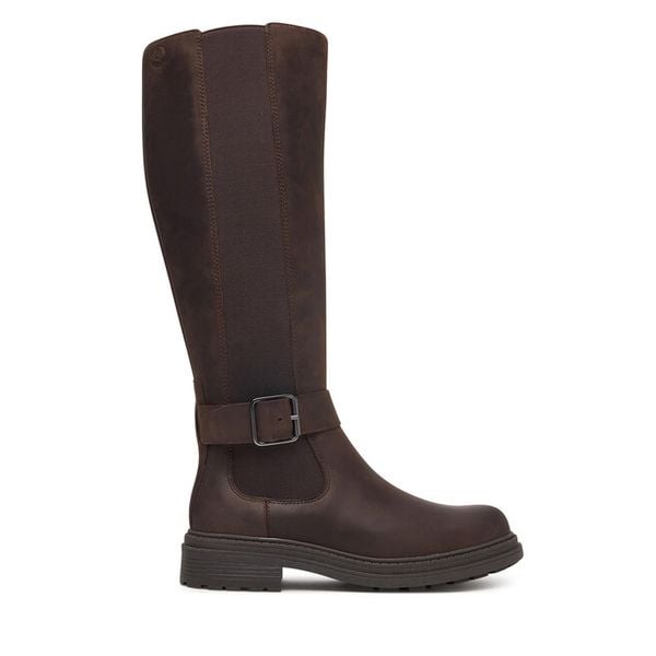 Kozaki Clarks. Brązowe kozaki Clarks, bez wzorów, bez obcasa, na płaskiej podeszwie, bez zapięcia. Za 779.99 zł.