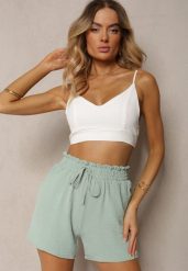 Zielone Casualowe Szorty Bermudy High Waist Wykończone Gumką w Pasie Otanea. Zielone szorty Renee, bez wzorów, eleganckie. W wyprzedaży za 35.99 zł.