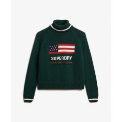 Sweter damski z golfem Superdry Americana. Zielone swetry Superdry, na zimę, bez wzorów, vintage, bez ramiączek. Za 392.65 zł.