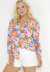 Różowo-Pomarańczowa Kwiecista Koszula z Ozdobnymi Guzikami i Trójkątnym Dekoltem Portlyn. Czerwone koszule Born2be, l, bez wzorów, bez kołnierzyka, plus size, bez ramiączek. Za 109.99 zł.