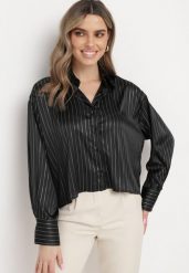 Czarna Koszula Oversize Ozdobiona Metaliczną Nicią Ivenna. Czarne koszule Born2be, l, bez wzorów, bez kołnierzyka, bez ramiączek. W wyprzedaży za 118.99 zł.