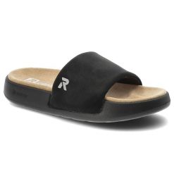 Klapki damskie Rieker, cholewka z tworzywa wsuwany fason szeroki pasek z przodu, czarne, W3250-00. Czarne klapki Rieker, bez wzorów, bez obcasa, bez zapięcia. Za 249.00 zł.