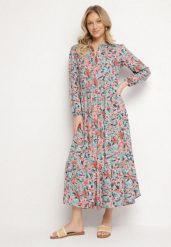 Różowo-Niebieska Sukienka z Górą Zapinaną na Guziki w Kwiaty Barbeira. Czerwone sukienki Born2be, l, z aplikacjami, bez kołnierzyka, bez ramiączek, maxi, rozkloszowane. Za 69.99 zł.