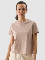 4F T-shirt regular z nadrukiem damski - beżowy XS. Brązowe t-shirty 4f, xs, bez wzorów, z bawełny, sportowe, bez kołnierzyka, bez ramiączek. W wyprzedaży za 29.99 zł.