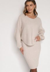 Ciemnobeżowy Dzianinowy Komplet Prążkowany Sukienka i Sweter o Kroju Nietoperz Wederela. Brązowe swetry Born2be, m, bez wzorów, z dzianiny, eleganckie, bez ramiączek. Za 139.99 zł.