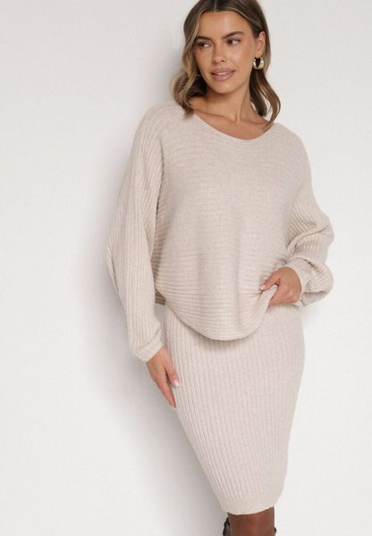 Ciemnobeżowy Dzianinowy Komplet Prążkowany Sukienka i Sweter o Kroju Nietoperz Wederela. Brązowe swetry Born2be, m, bez wzorów, z dzianiny, eleganckie, bez ramiączek. Za 139.99 zł.