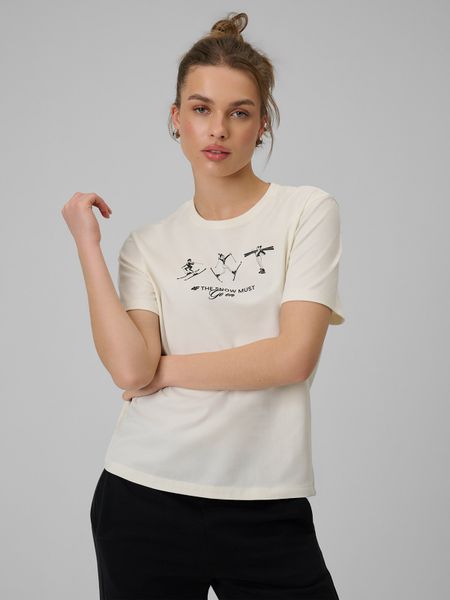 4F T-shirt regular z nadrukiem damski - beżowy M. Brązowe t-shirty 4f, m, bez wzorów, z bawełny, bez kołnierzyka, bez ramiączek. W wyprzedaży za 39.99 zł.