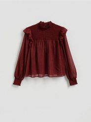 Bluzka z metalizowaną nicią - burgundowy. Czerwone bluzki Reserved, l, bez wzorów, z tkaniny, bez kołnierzyka, bez ramiączek. Za 159.99 zł.