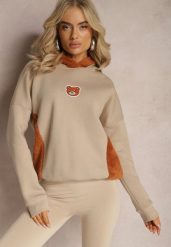 Beżowa Bluza z Bawełny z Ozdobną Naszywką z Misiem i Polarowym Kapturem Hecatia. Brązowe bluzy Renee, z aplikacjami, z bawełny, casualowe, bez ramiączek, z kapturem. W wyprzedaży za 87.99 zł.