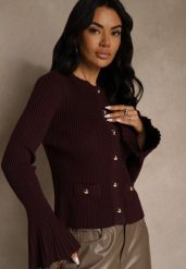 Bordowy Elegancki Prążkowany Kardigan z Wiskozą Guzikami i Rozszerzanymi Rękawami Otila. Czerwone swetry Renee, s, bez wzorów, z jeansu, eleganckie, bez ramiączek. Za 89.99 zł.