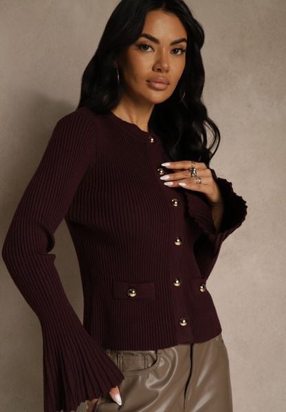 Bordowy Elegancki Prążkowany Kardigan z Wiskozą Guzikami i Rozszerzanymi Rękawami Otila. Czerwone swetry Renee, s, bez wzorów, z jeansu, eleganckie, bez ramiączek. Za 89.99 zł.