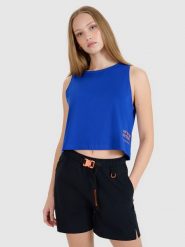 4F Top z nadrukiem damski - niebieski S. Niebieskie topy 4f, s, bez wzorów, z bawełny, klasyczne, bez kołnierzyka, bez ramiączek. W wyprzedaży za 29.99 zł.
