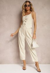Jasnobeżowe Spodnie Paper Bag High Waist Zapinane na Suwak Nestabella. Brązowe jeansy Renee, bez wzorów, z jeansu, biznesowe, z podwyższonym stanem. W wyprzedaży za 74.99 zł.