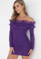 Ciemnofioletowa Dopasowana Sukienka Hiszpanka z Falbanką Turlia. Fioletowe sukienki Born2be, m, z aplikacjami, bez kołnierzyka, bez ramiączek, dopasowane. Za 94.99 zł.