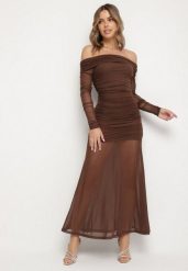 Brązowa Taliowana Sukienka Typu Hiszpanka z Transparentnymi Wstawkami Halacia. Brązowe sukienki Born2be, m, bez wzorów, eleganckie, bez kołnierzyka, bez ramiączek, maxi. Za 169.99 zł.