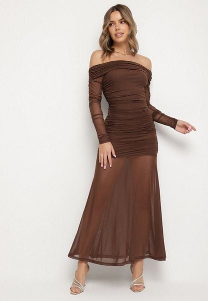 Brązowa Taliowana Sukienka Typu Hiszpanka z Transparentnymi Wstawkami Halacia. Brązowe sukienki Born2be, m, bez wzorów, eleganckie, bez kołnierzyka, bez ramiączek, maxi. Za 169.99 zł.