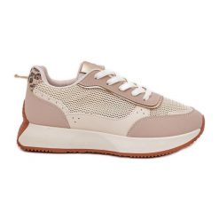 Buty Sportowe Damskie Z Siateczką Na Platformie Beżowe beżowy. Brązowe buty treningowe bez wzorów, bez zapięcia. Za 170.48 zł.
