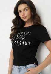 Czarny T-shirt z Bawełny z Ozdobnym Nadrukiem Troczkami i Cyrkoniami ilretia. Czarne t-shirty Born2be, m, bez wzorów, z bawełny, bez kołnierzyka, bez ramiączek. Za 59.99 zł.