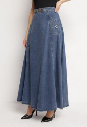 Granatowa Bawełniana Spódnica Jeansowa Maxi Rozkloszowana z Łańcuszkiem Zallire. Niebieskie spódnice Born2be, s, bez wzorów, z bawełny, boho, maxi, rozkloszowane. Za 239.99 zł.