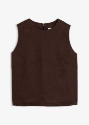 Krótki top z czystego lnu. Brązowe topy bonprix, bez wzorów, bez kołnierzyka, bez ramiączek. Za 129.99 zł.