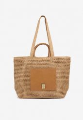 Ciemnobeżowa Pleciona Torebka Shopper z Metaliczną Ozdobą Feleriona. Brązowe shopper bag Born2be, z aplikacjami, z jeansu, eleganckie, bez dodatków. Za 129.99 zł.