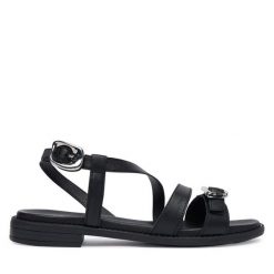 Sandały Tamaris. Czarne sandały Tamaris, bez wzorów, bez obcasa, na płaskiej podeszwie, bez zapięcia. Za 289.99 zł.