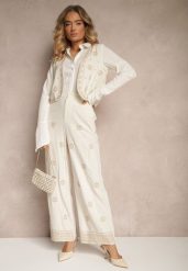 Beżowe Spodnie z Wiskozą i Lnem High Waist o Szerokim Kroju z Haftem Wilirna. Brązowe jeansy Renee, na lato, l, bez wzorów, z jeansu, eleganckie, z podwyższonym stanem. W wyprzedaży za 83.99 zł.