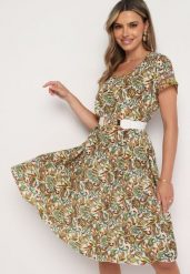 Beżowo-Zielona Wiskozowa Sukienka Rozkloszowana we Wzór Paisley Mastis. Brązowe sukienki Born2be, na imprezę, uniwersalny, bez wzorów, z wiskozy, eleganckie, bez kołnierzyka, bez ramiączek, midi, rozkloszowane. Za 99.99 zł.