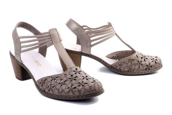 RIEKER 40966-64 beige, sandały damskie. Brązowe sandały Rieker, w ażurowe wzory, bez obcasa, na obcasie, bez zapięcia. Za 319.90 zł.