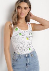 Biały Top Bawełniany z Florystycznym Motywem Bileria. Białe topy Born2be, l, bez wzorów, z bawełny, bez kołnierzyka, bez ramiączek. Za 44.99 zł.