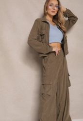 Ciemnozielony Komplet Dresowy Cargo z Bluzą ze Stójką i Spodniami o Szerokim Kroju Arrivenna. Zielone bluzy Renee, m, bez wzorów, z dresówki, bez ramiączek, bez kaptura. W wyprzedaży za 79.99 zł.