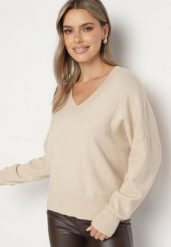 Beżowy Sweter z Dekoltem w V z Domieszką Kaszmiru Mariara. Brązowe swetry Born2be, uniwersalny, bez wzorów, z jeansu, bez ramiączek. W wyprzedaży za 76.49 zł.