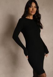 Czarna Sweterkowa Dopasowana Sukienka z Bawełną Reileta. Czarne sukienki Renee, na spotkanie biznesowe, bez wzorów, z bawełny, bez kołnierzyka, bez ramiączek, dopasowane. Za 89.99 zł.