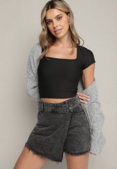 Czarne Jeansowe Spódnico-Spodenki Jeansowe z Bawełny z Wysokim Stanem Neliatha. Czarne szorty Born2be, bez wzorów, z bawełny, eleganckie. Za 149.99 zł.